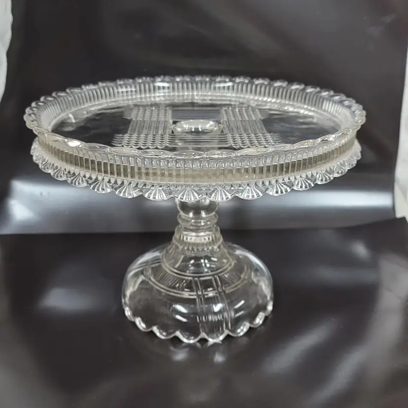 EAPG Quaker Lady Or Scalloped Prism Band Clear Glass Cake Stand