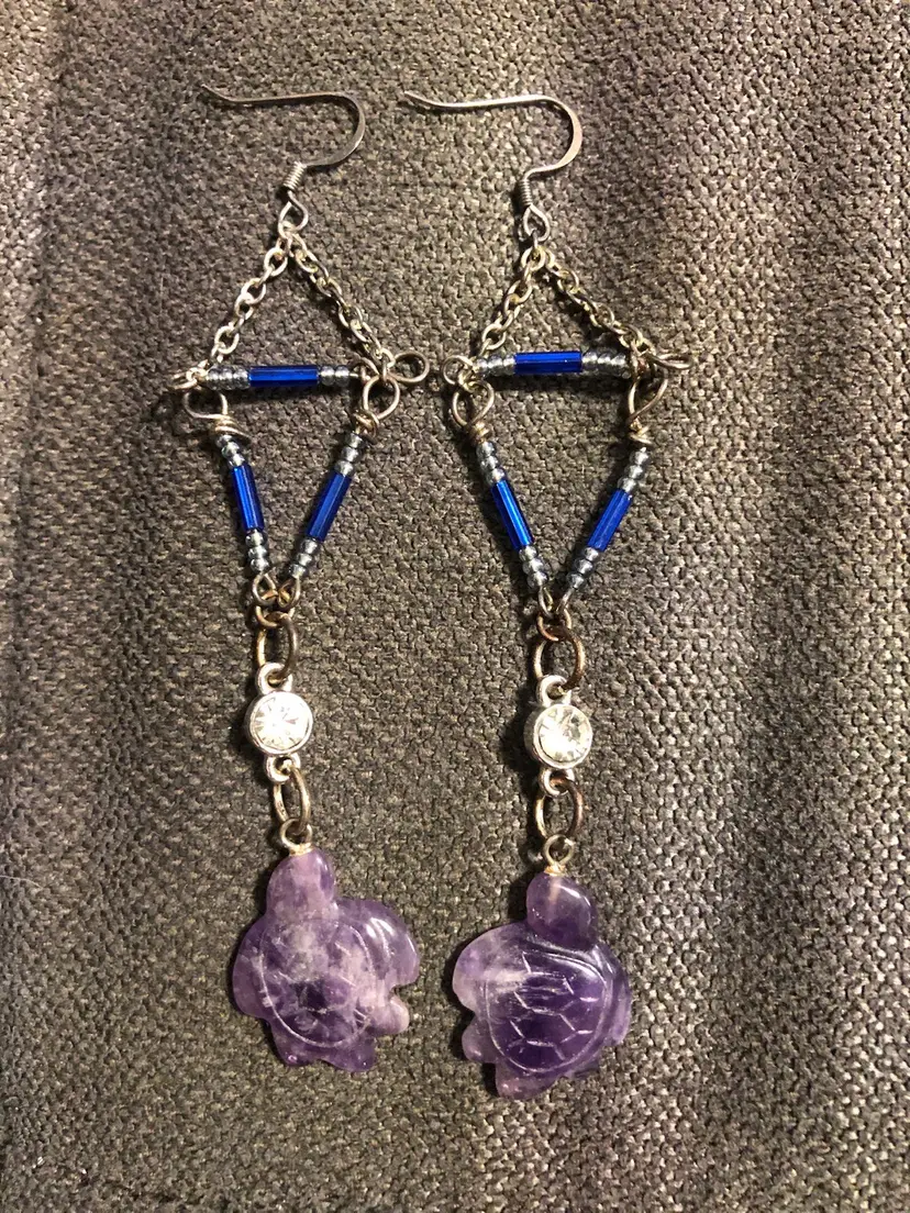 Carved Amethyst Turtle Long Dangle Earrings