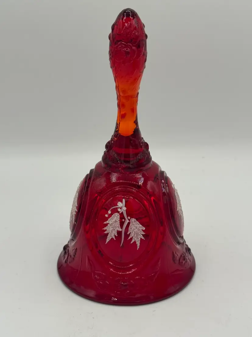 FENTON Hand Painted Amberina Ruby Red Signed Christmas Holly Bell Mint - Glows