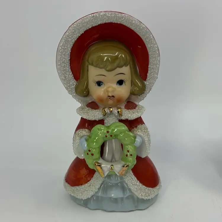 HTF Thames Japan Christmas Wreath Girl Red Coat Bonnet Spaghetti Sugar Trim 6.5”