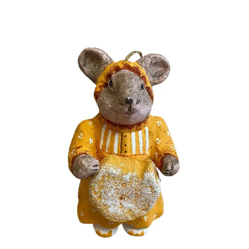 Vintage Mouse with Cheese Christmas Ornament Yellow White Clay? Paper Mache