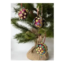 Set of 3 Handmade Vintage Style Push Pin Christmas Ball Ornaments Sequins Beads Ribbon 2 in Height