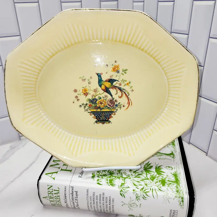 Antique Yellow Glazed China Serving Plate 11.5" wide - Pheasant Floral Motif