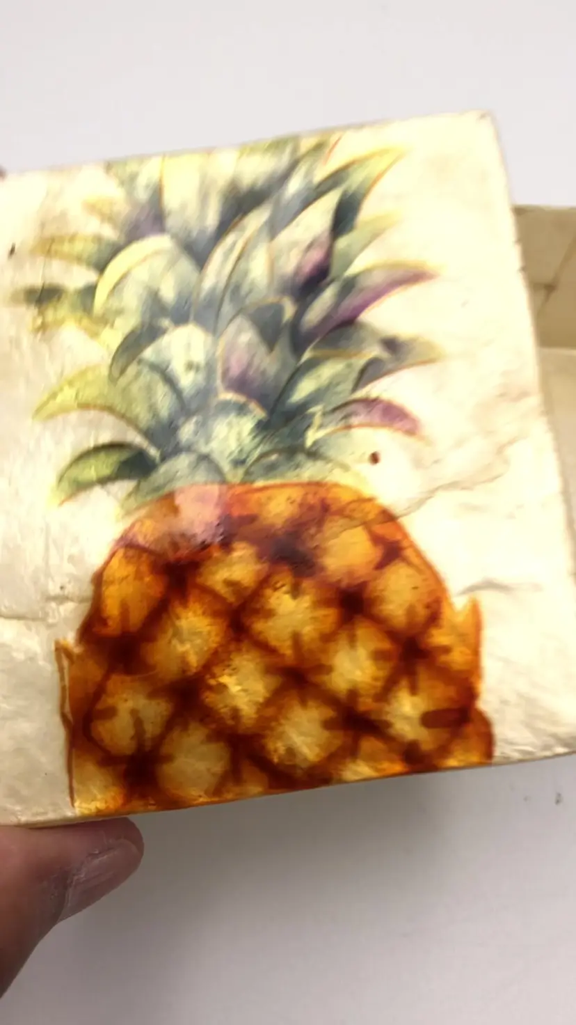 Pineapple Decorated Capiz Shell Trinket Pill Box 3x3 Handmade Decorative