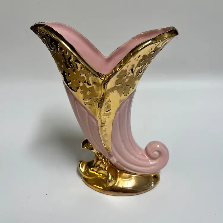 Glam! Hollywood Regency- Pink & Gold Cornucopia Vase - Planter- Mid-Century USA Pottery.- Weeping Gold & Pink- 6”x 6”- Savoy