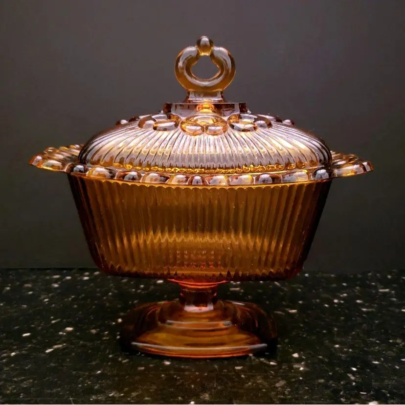 Indiana Glass Amber Rectangle Pedestal Dish Covered Compote Lace Edge Vintage