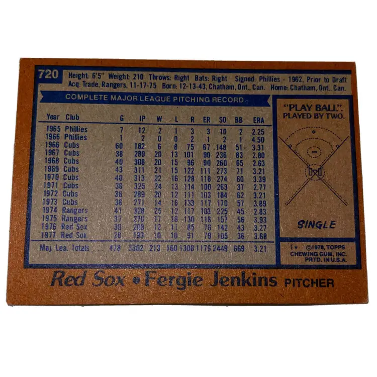Fergie Jenkins 1978 topps autographed baseball card  Red Sox