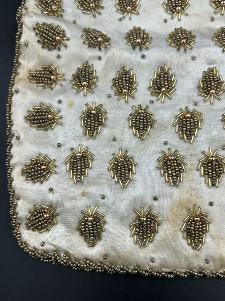 Vintage Beaded Satin Cream And Gold Beating Fold Over Clutch With Clasp Closure Purse Hong Kong