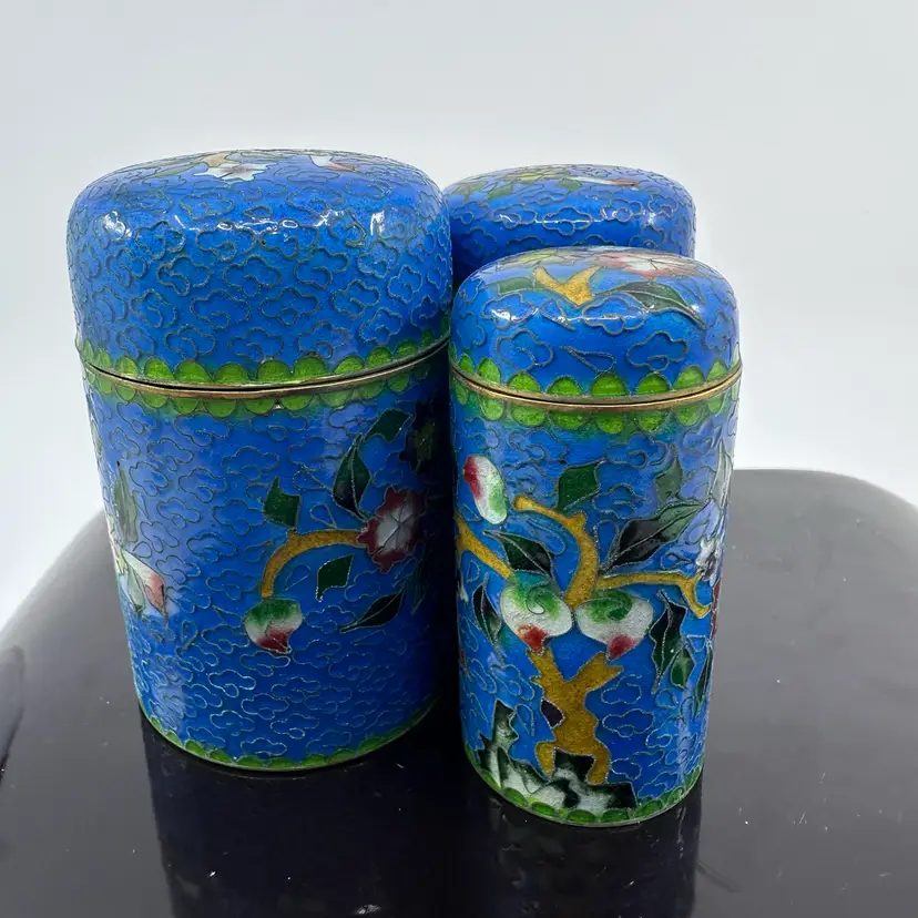 Cloisonné Nesting Set Of 3 Round Trinket Boxes Blue