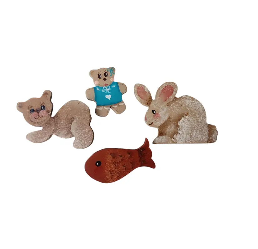 4 Vtg Handmade Wood Animal Brooch Pin Kitsch Crafting Fish Bear Rabbit Signed