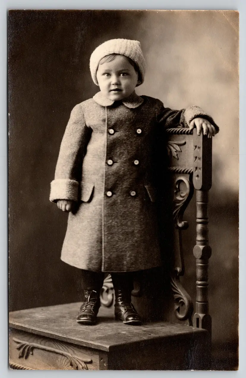 Postcard RPPC Child Wearing Peacoat Jacket and Knitted Cap Real Photo Children - 9414