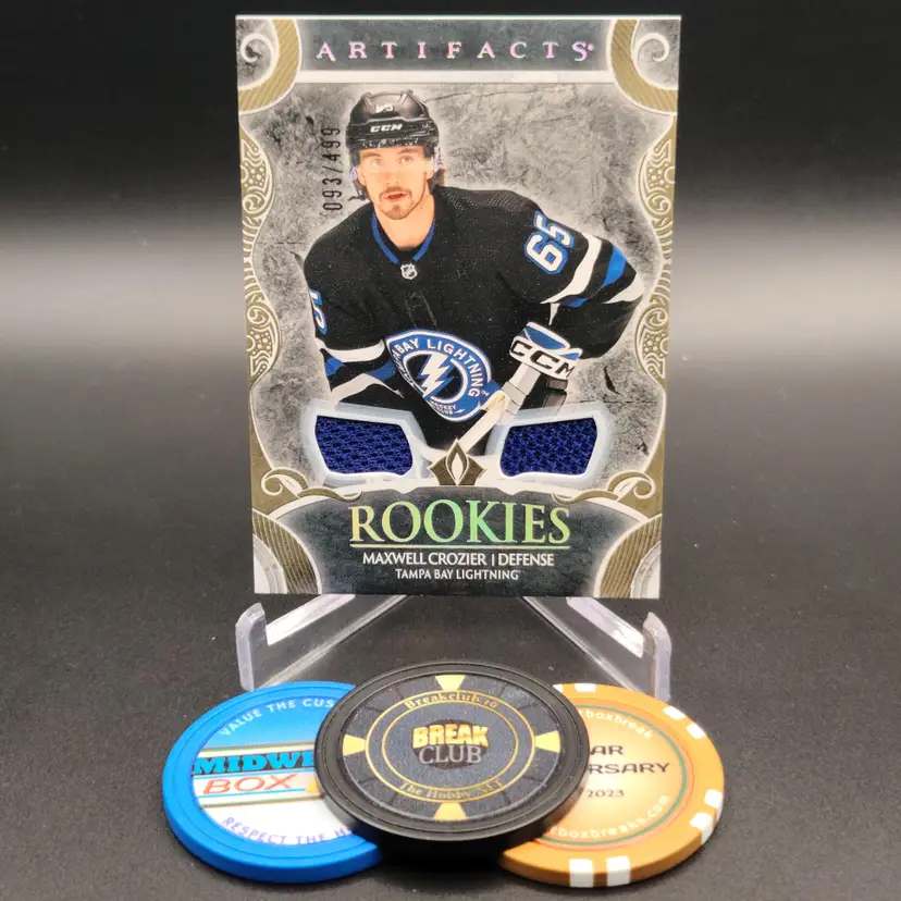 Maxwell Crozier Rookie Memorabilia 2024-25 Upper Deck Artifacts Hockey Base Material Gold Insert Numbered 93/499 Card #193 - Tampa Bay Lightning