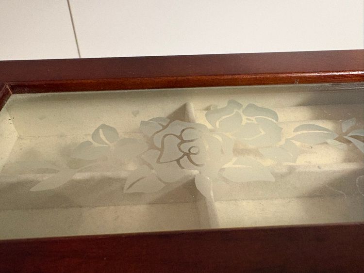 Vintage King Wood Jewelry Box with Floral Etched Glass Lid.