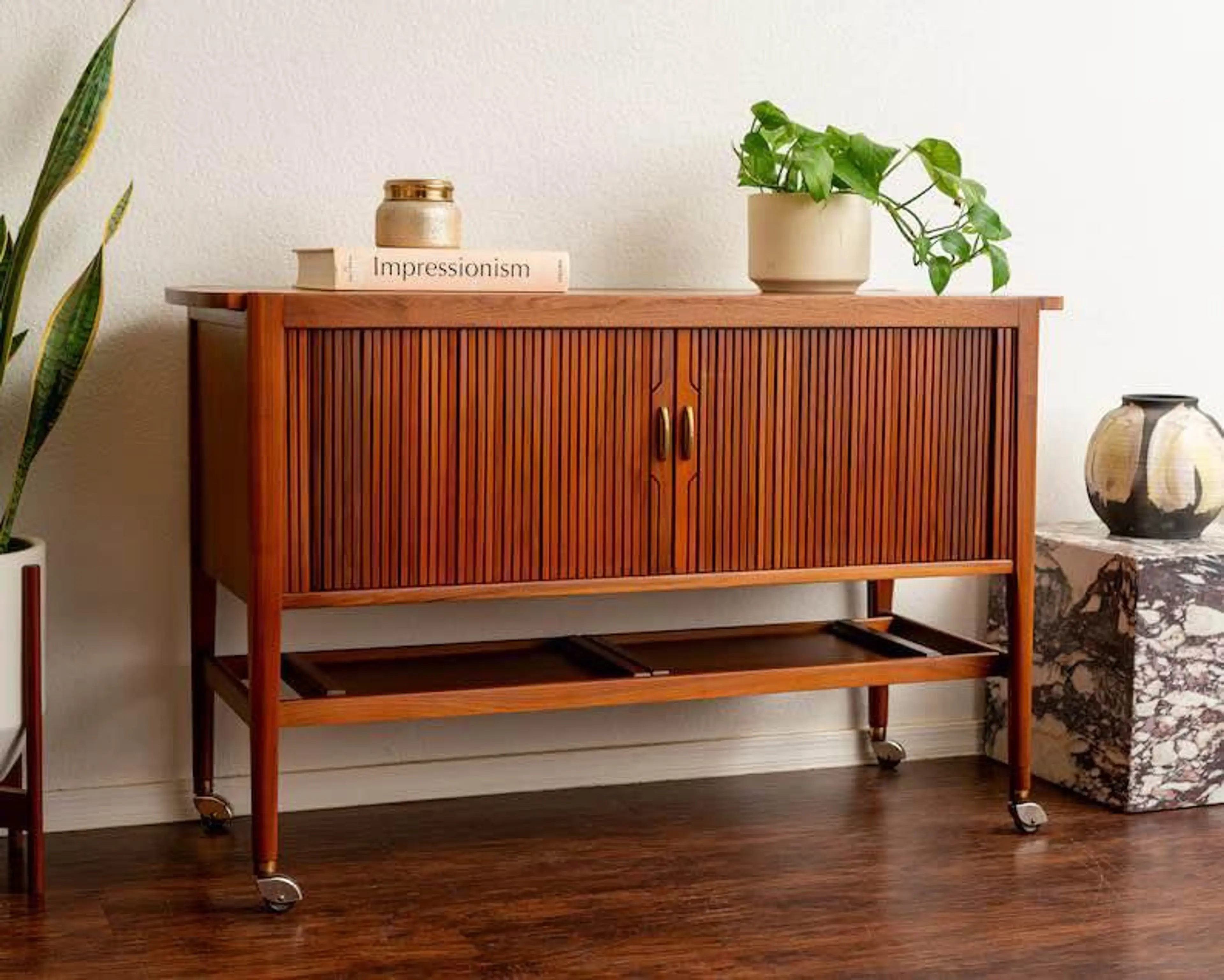 Vintage Drexel Declaration Bar Cart Kipp Stewart | Server Cart | Tambour Doors | Mid Century Modern