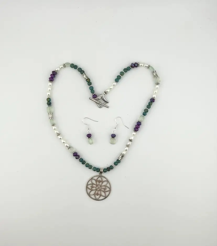 Semi-precious Stone Glass And Pearl Silver Beaded Necklace With Mandala Pendant And Earring Set Made By Me