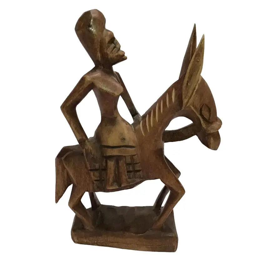 Vintage African Hand Carved Wood Statue Woman on Donkey Folk Art