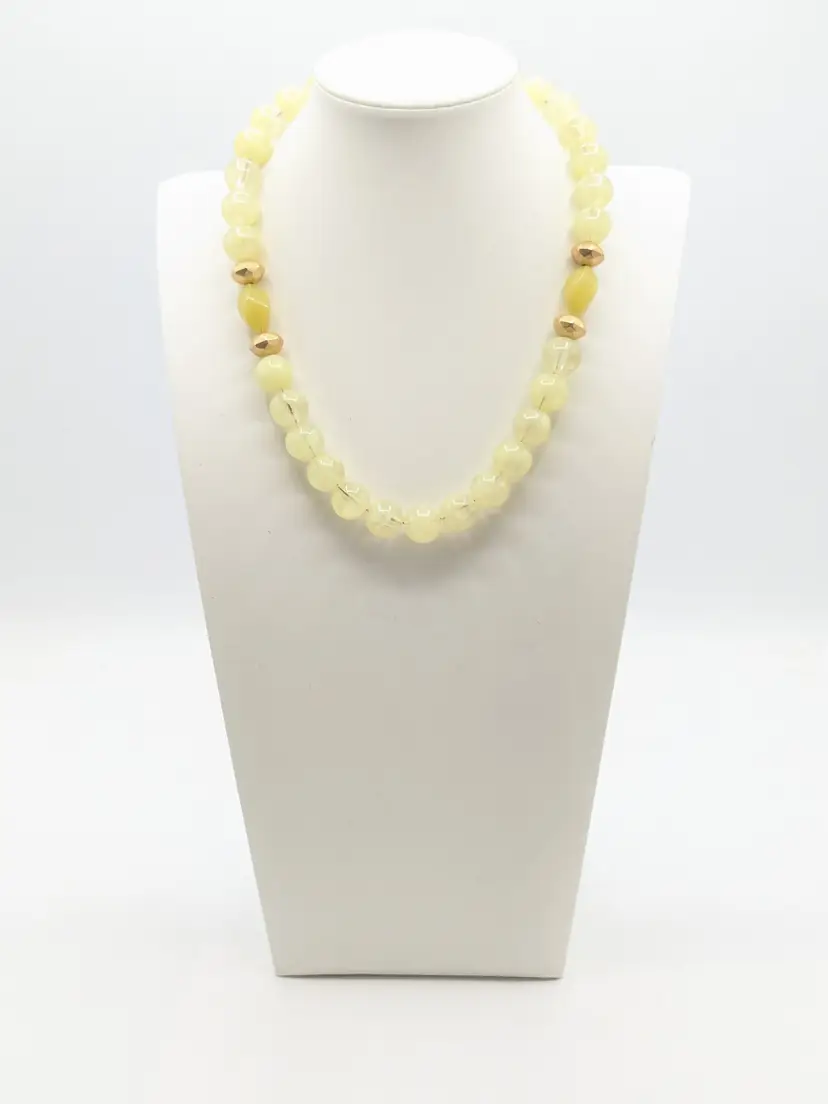 Yellow Green Moon Glow Beaded Necklace Gold Tone