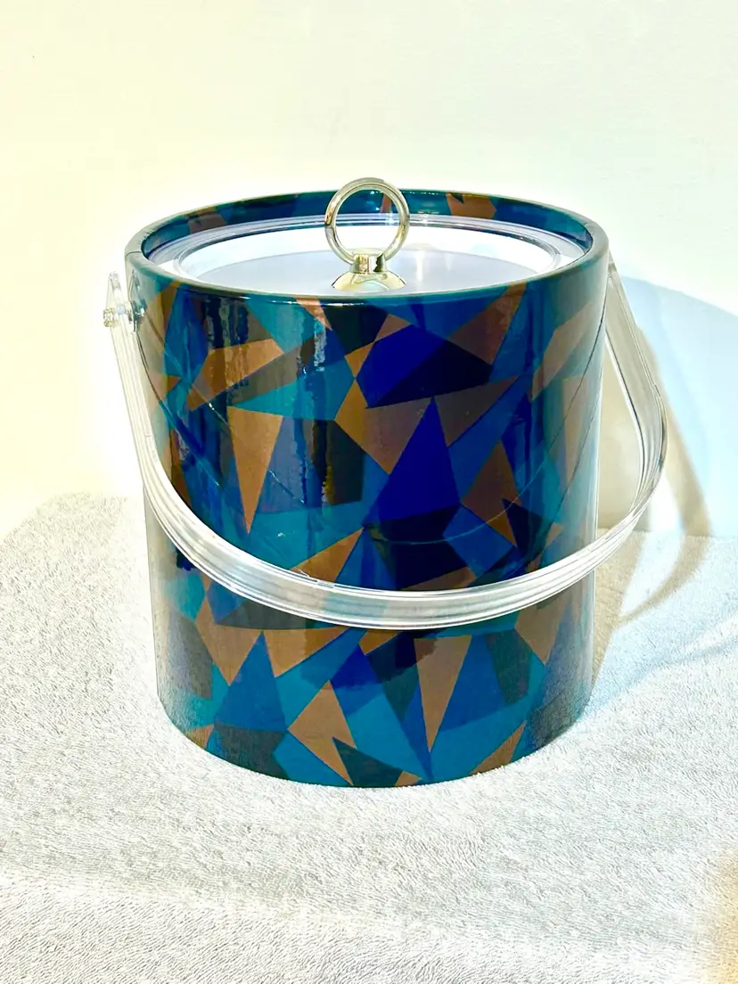 Vintage 1980’s Ice Bucket With Lid Eclectic Playful Geometric Shapes Insulated