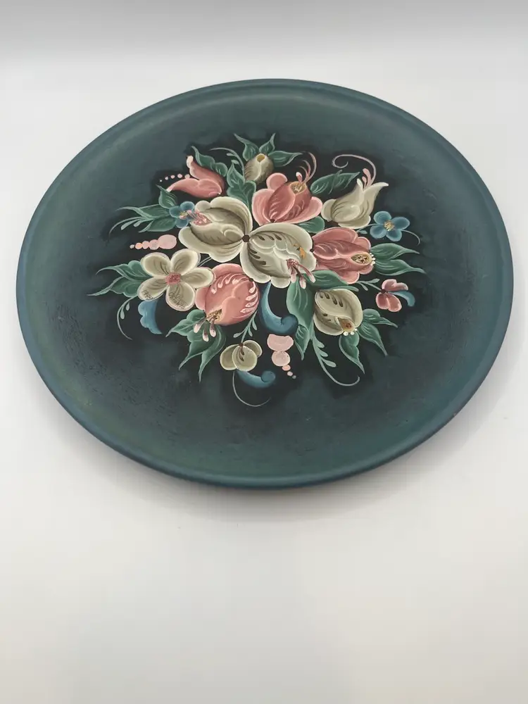 Vintage Hand Painted Wooden Plate Floral Motif Folk Art Artist Signed 1998