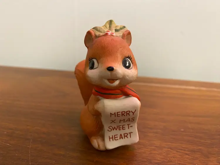 Vintage Merry Xmas Squirrel With Scroll Holly Ceramics