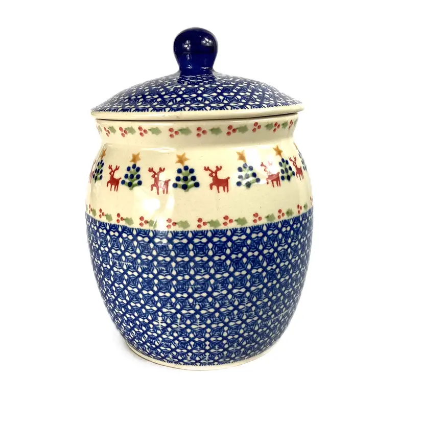 Polish Pottery Prancing Reindeer Cookie Jar with Lid Hand Painted Holly Trees