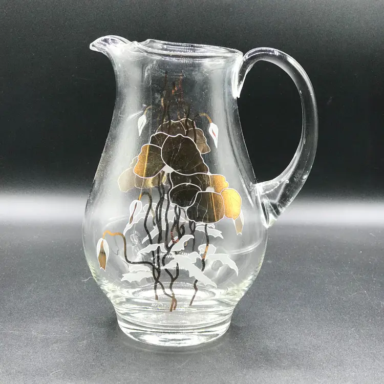 Vintage Gold Cyclamen Motif Mid Century Modern Glass Pitcher with Ice Lip 9.25"