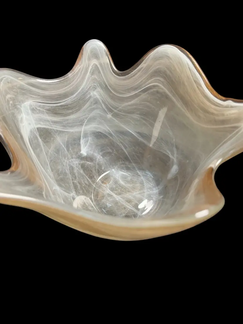 #02 Art Glass Beige and Cream or Ivory Color Swirl Handkerchief Vase. UV Reactive.