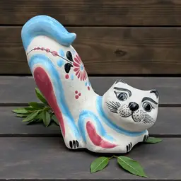 Vintage Pottery Mexican Tonala Folk Art  stretching Cat Figurine