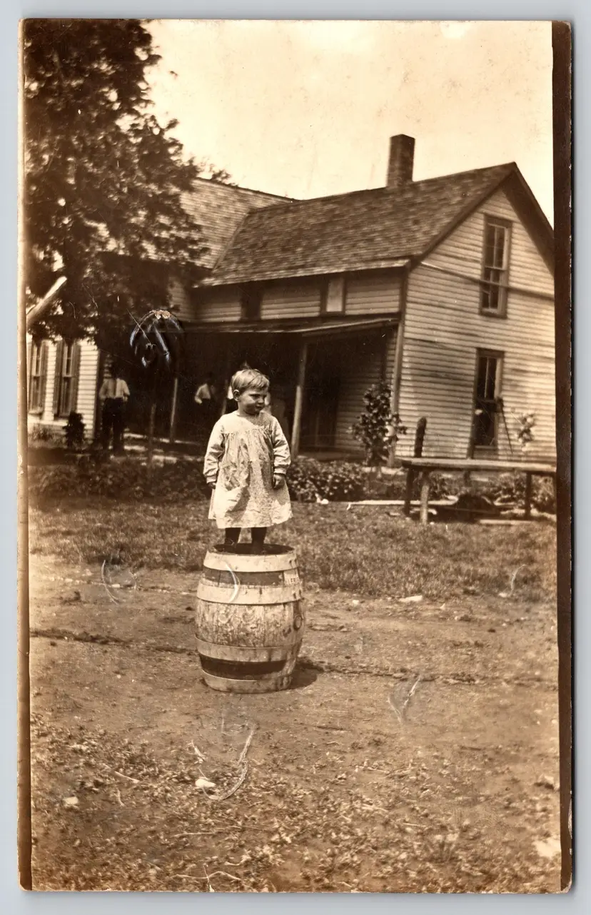 Postcard RPPC Child Standing on Wooden Cask Barrel Real Photo - 9046