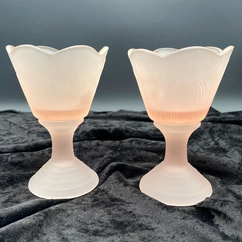 Pair - Vintage Soft Pink Satin (Frosted) Tulip Pattern Votive Holders/Glasses