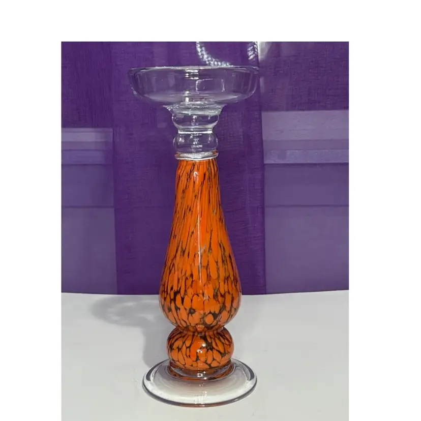 Art Glass Hand Blown Pillar Candle Holder Speckled Orange & Black Splatter Or Veining