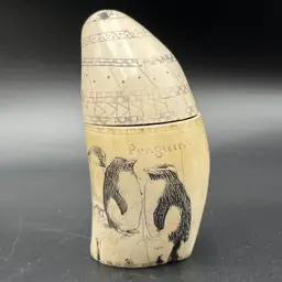 Vtg Replica Scrimshaw Faux Whale Tooth Lidded Box Clipper Ship Penguin 1875 H.H.