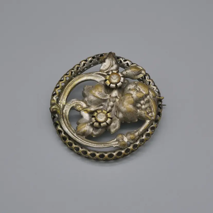 Vintage 30's Art Nouveau Repousse Flower Brooch Floral Pin Clear Rhinestones Open Mesh 2.13"