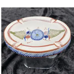 Tonala Stoneware Pottery Ashtray/Trinket Dish, Floral design, Signed Santana