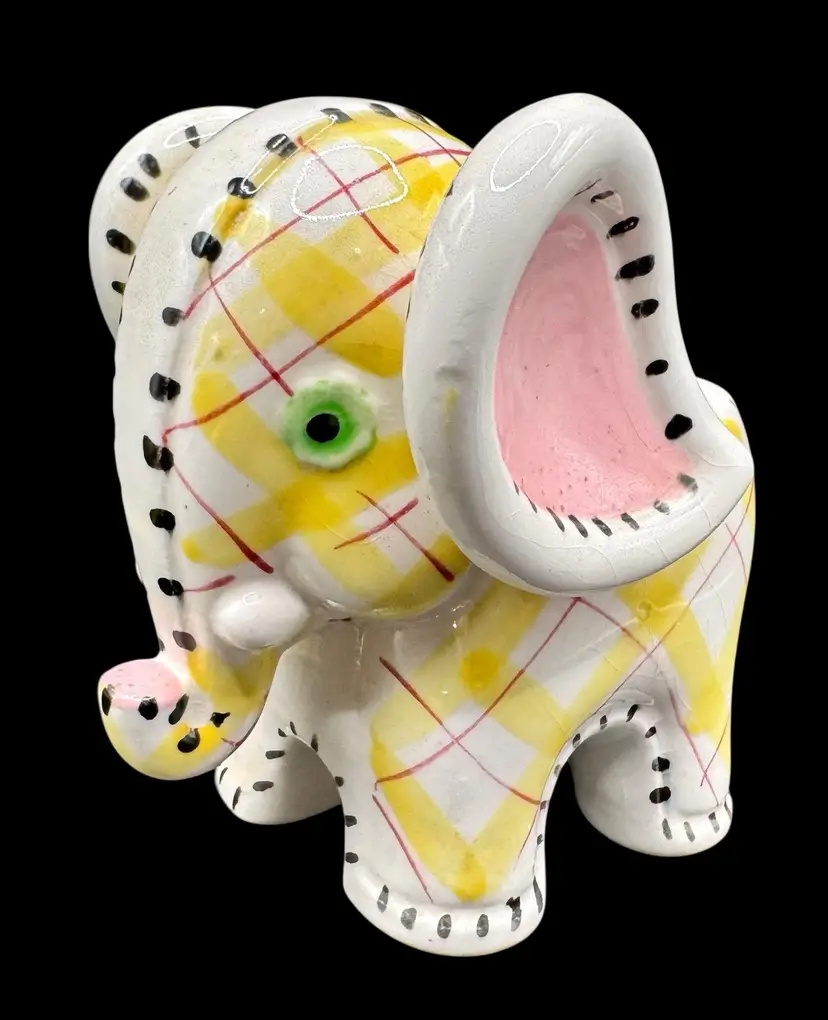 Vintage Napco Japan Ceramic Planter Yellow Plaid Elephant Hand Painted 4.5”