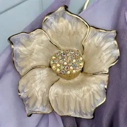 Periwinkle Blue & Ivory Enamel Magnolia Flower Austrian AB Crystal Center Brooch