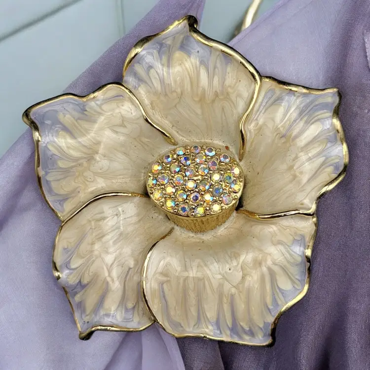 Periwinkle Blue & Ivory Enamel Magnolia Flower Austrian AB Crystal Center Brooch