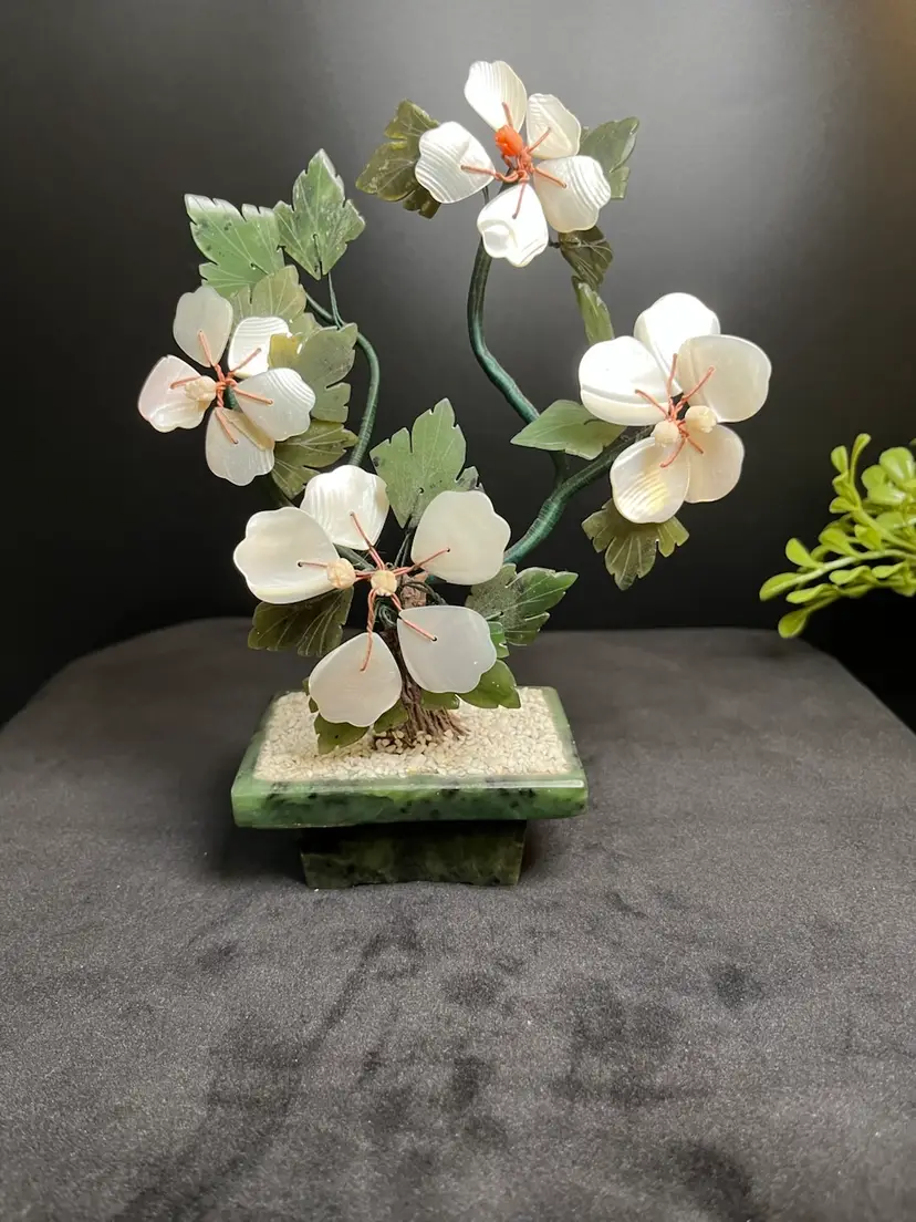 Chinese Bonsai Tree Sculpture Hand Crafted from Stone, Mother of Pearl and Coral.
