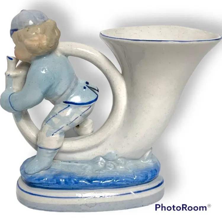 Vintage L&M Inc Blue White Horn Blowing Boy Vase