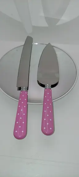 Pink / White Polka Dot Knife Server Set Stainless Steel Baby Shower Cake Bread