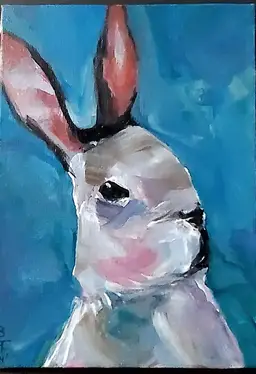 🧡 Original Art Acrylic Painting on Canvas Board.  5 x 7" Bunny Rabbit Children Artwork Gift