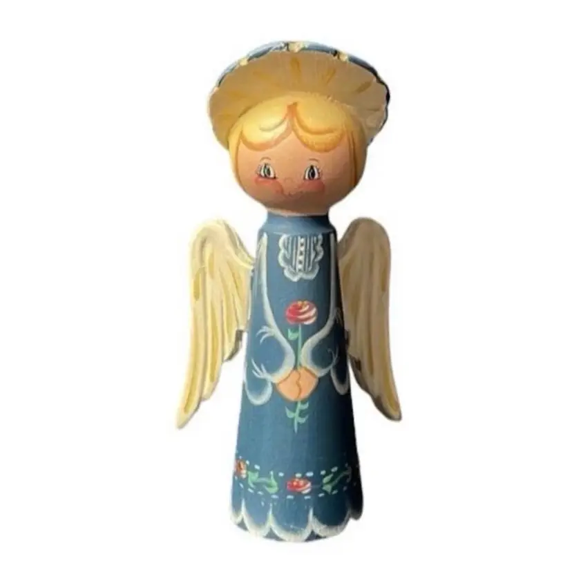Primitive Folk Art Tole Painted Wooden Angel Figurine Christmas Holiday Signed