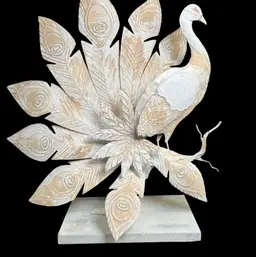 Metal Peacock Sculpture on Wood Base