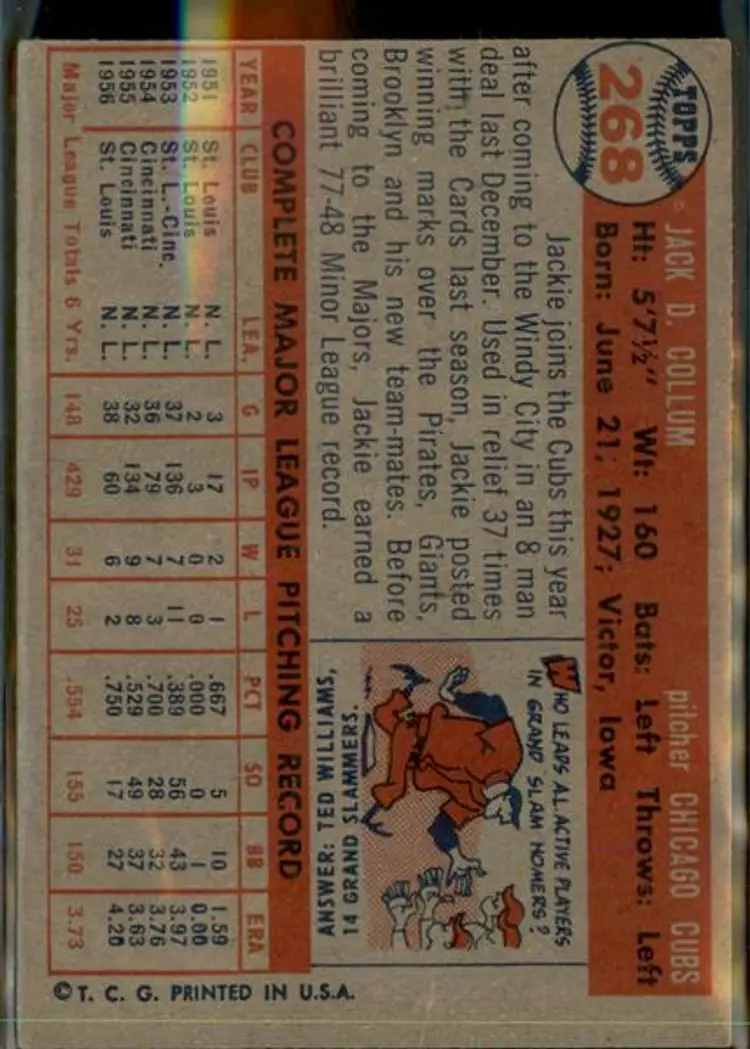 1957 Topps #268 Jackie Collum - ( pk1 ) - Chicago Cubs