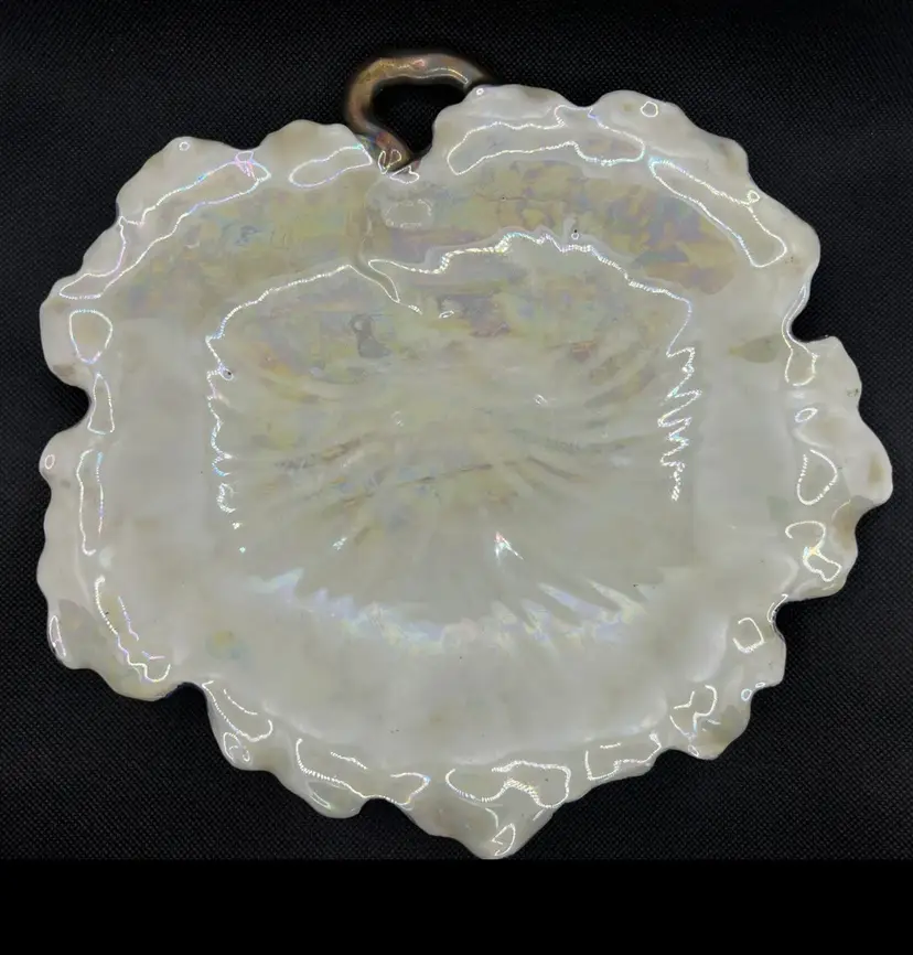 VTG White Ceramic Iridescent Glazed Dish Tray Scalloped Ruffled Edge Gold Trim