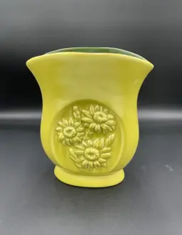 Vintage Red Wing Pottery, Lime/Dark Green Tropicana “Sunflowers” Vase made in 1950