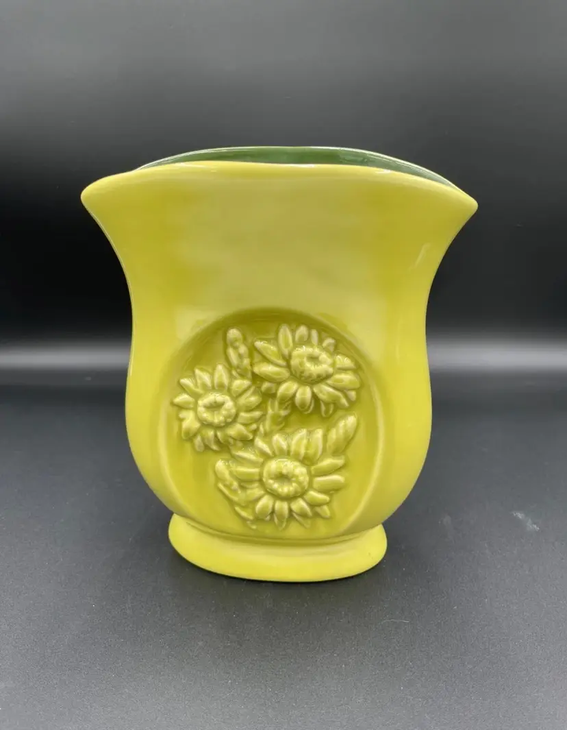 Vintage Red Wing Pottery, Lime/Dark Green Tropicana “Sunflowers” Vase made in 1950