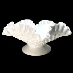 8” Fenton White Milk Glass Hobnail Footed Ruffled Edge Compote. Original Fenton Magenta Foil Sticker Label. 8” x 3-1/2”