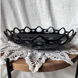 VINTAGE LANCASTER GLASS CO BLACK AMETHYST GLASS CONSOLE BOWL #906 OPEN WORK