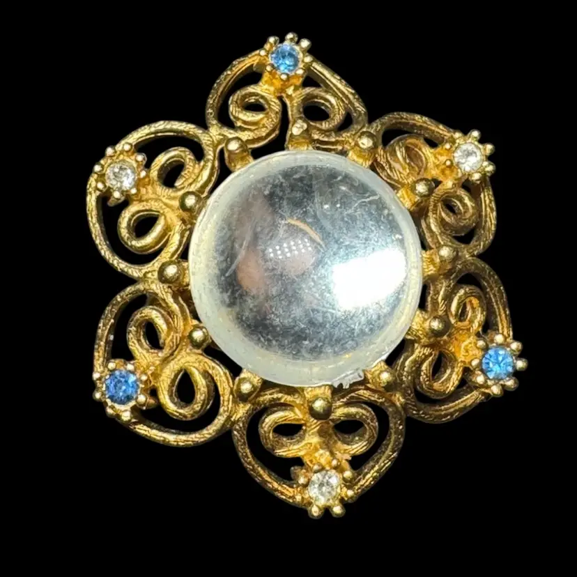 Gold Tone Round Metal Brooch 1” with Clear Round Stone And Blue & White Stones